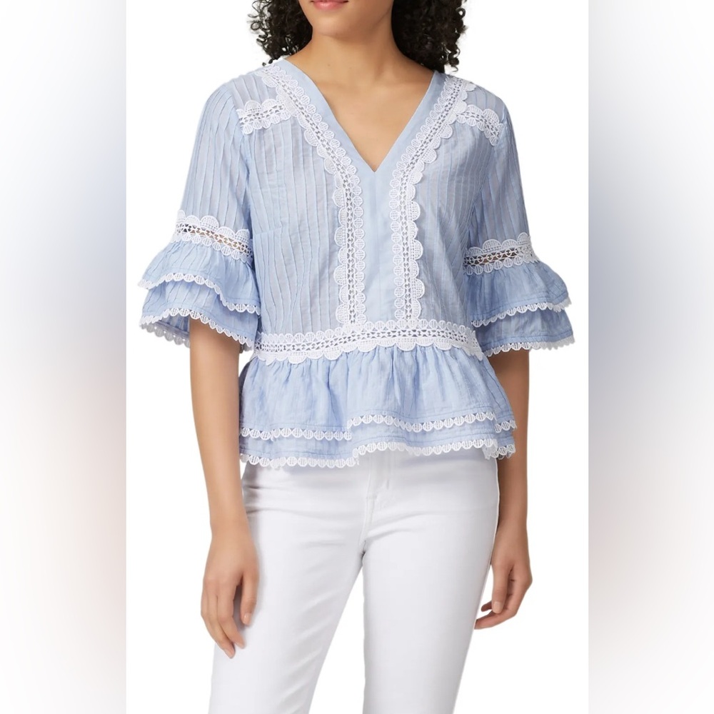J. Crew Faded Lace Trim Top Sz M Light Blue